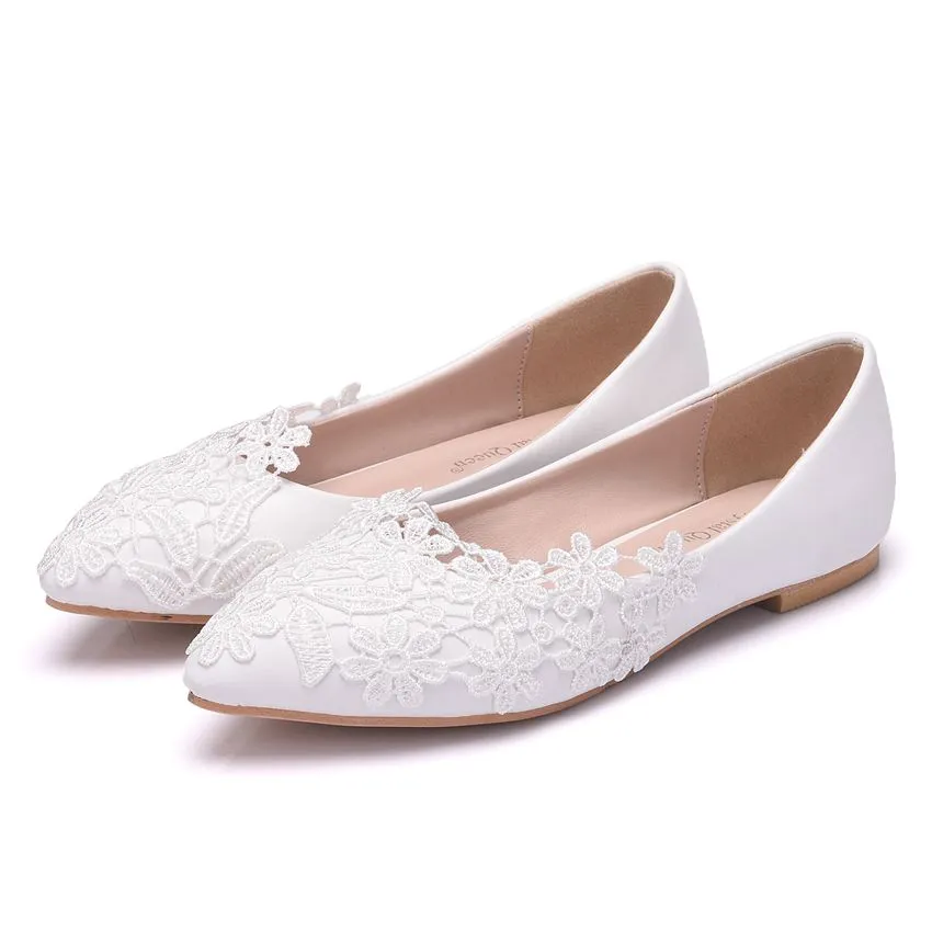 Crystal Queen Ballet Flats White Lace Wedding Shoes Women Slip On Pointed Toe Comfortable Grandmothe