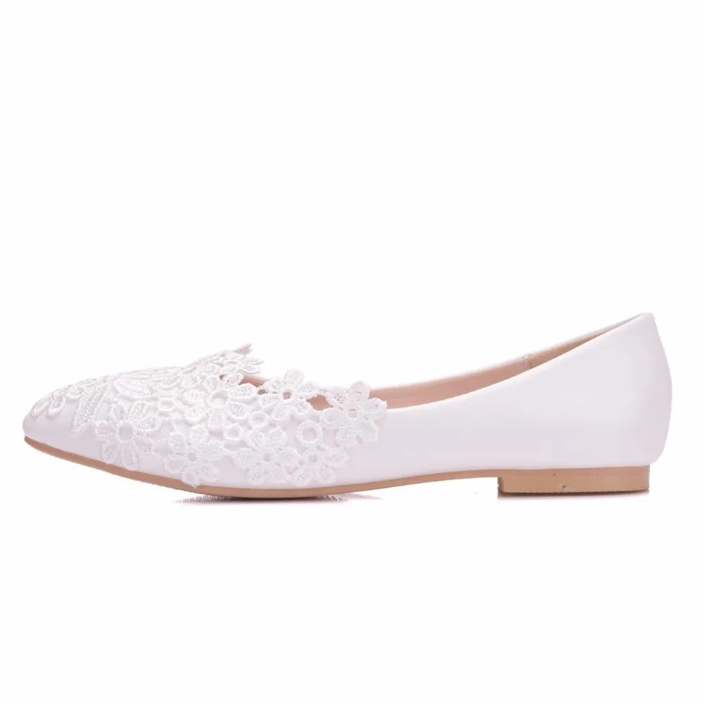 Crystal Queen Ballet Flats White Lace Wedding Shoes Women Slip On Pointed Toe Comfortable Grandmothe