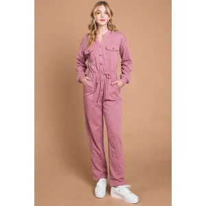 Culture Code Full Size Button Up Drawstring Waist Straight Jumpsuit