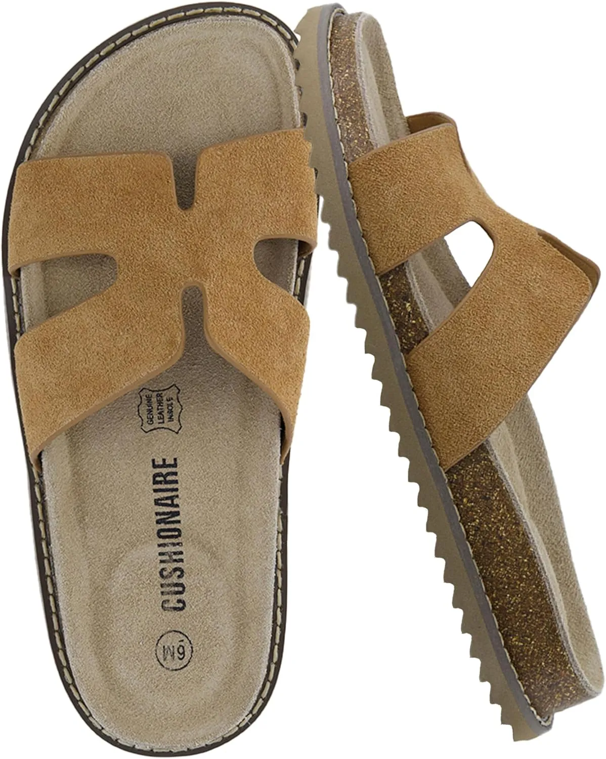 CUSHIONAIRE Wisdom Womens Sandals Cutout Strap Genuine Leather Slides  Slip On Cork Footbed Sandals for Women 2025