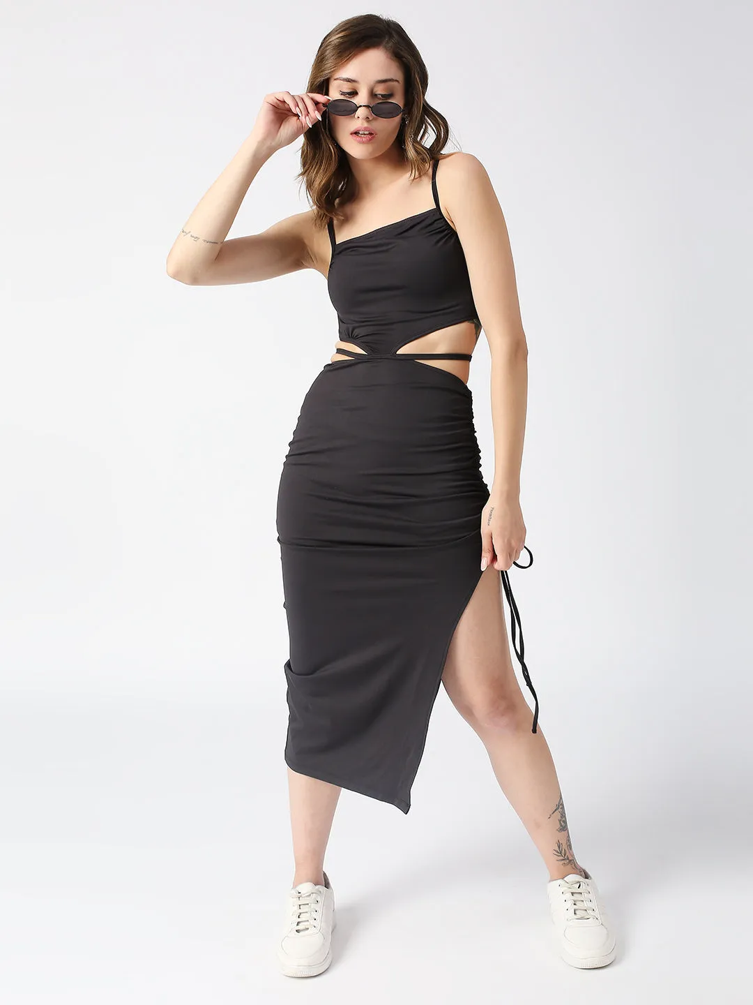 Disrupt Spaghetti neck strappy slim fit black cut-out midi dress with tie-ups