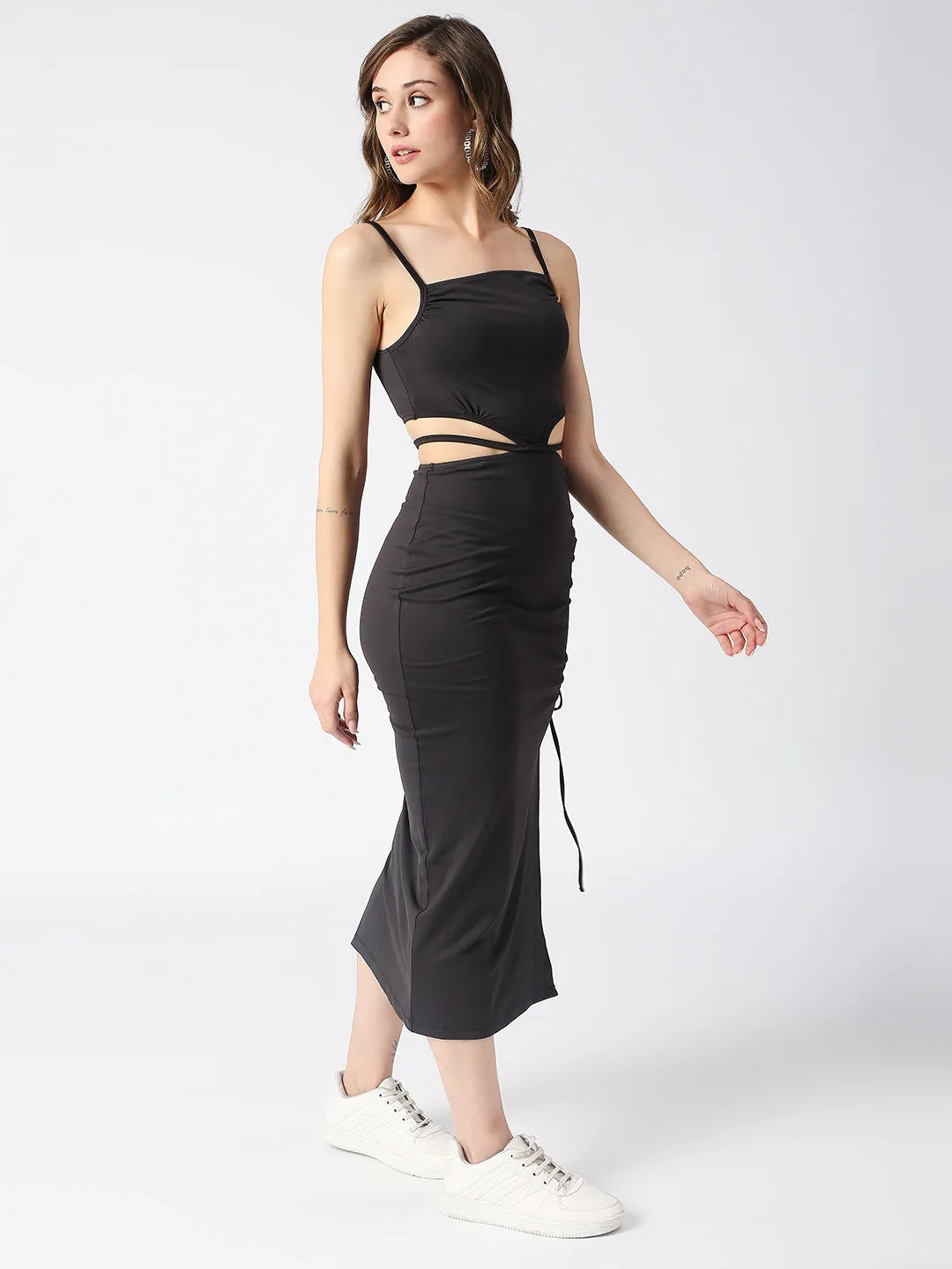 Disrupt Spaghetti neck strappy slim fit black cut-out midi dress with tie-ups