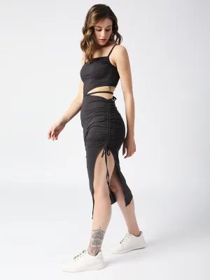 Disrupt Spaghetti neck strappy slim fit black cut-out midi dress with tie-ups