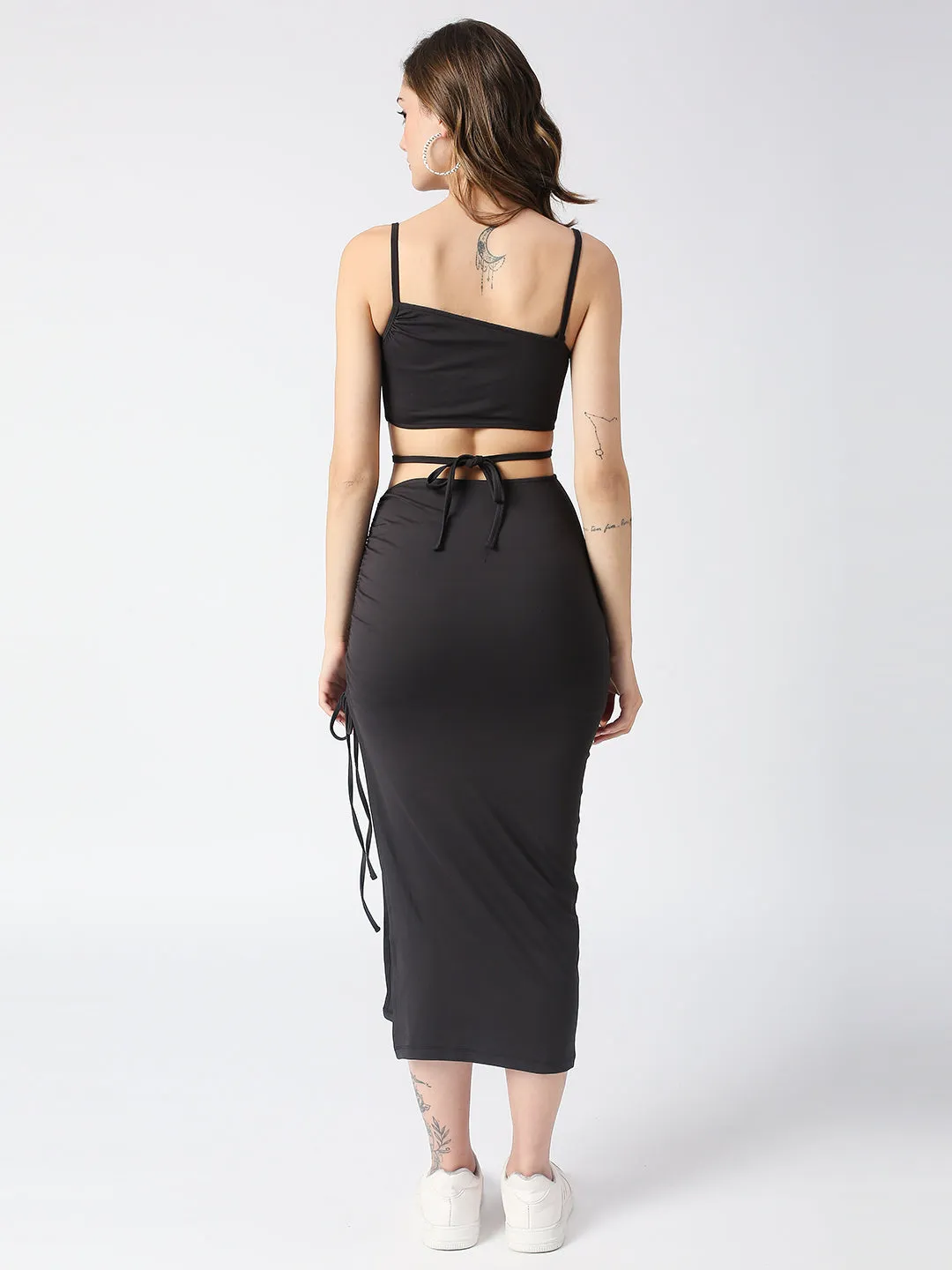 Disrupt Spaghetti neck strappy slim fit black cut-out midi dress with tie-ups