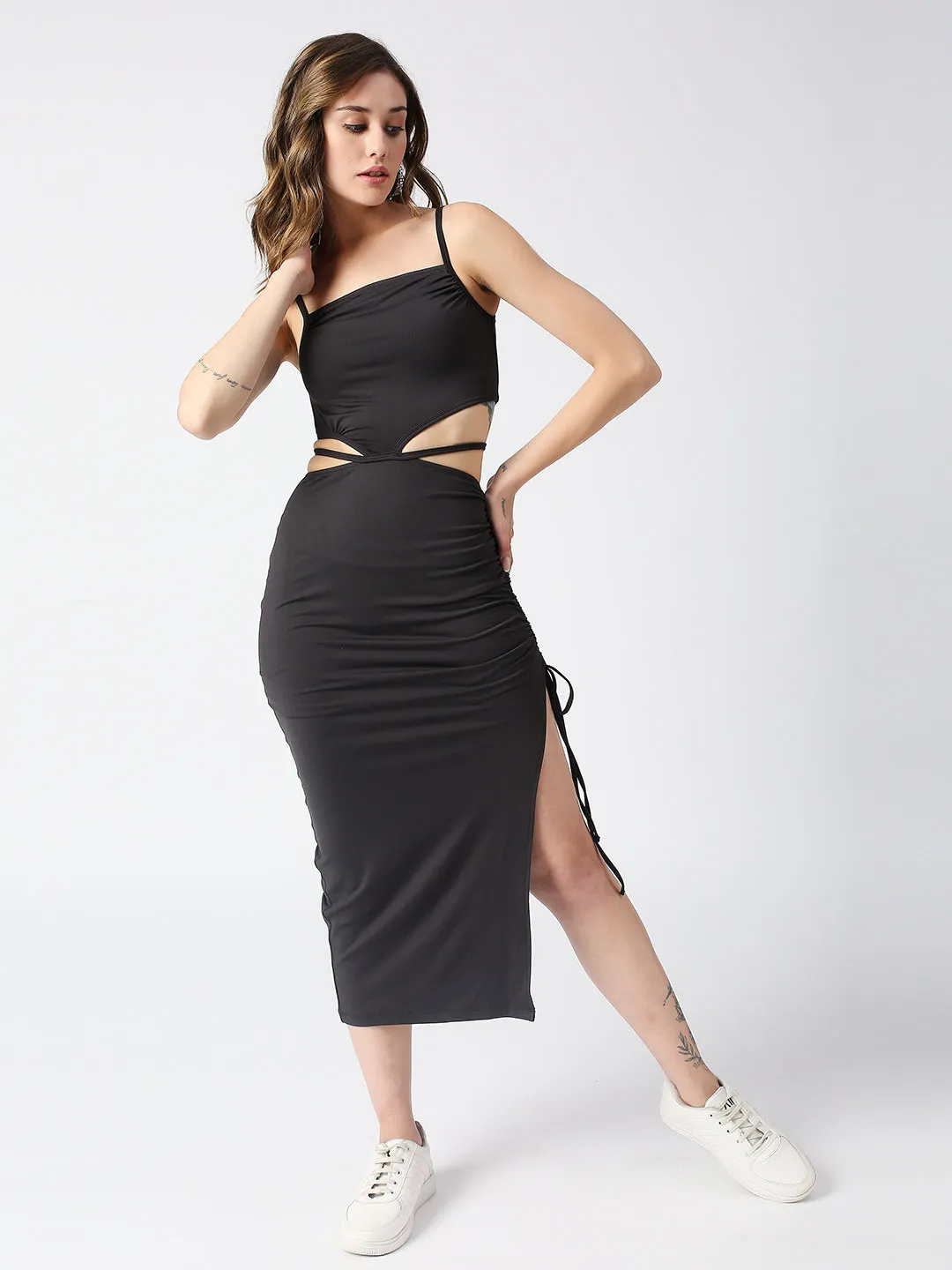 Disrupt Spaghetti neck strappy slim fit black cut-out midi dress with tie-ups