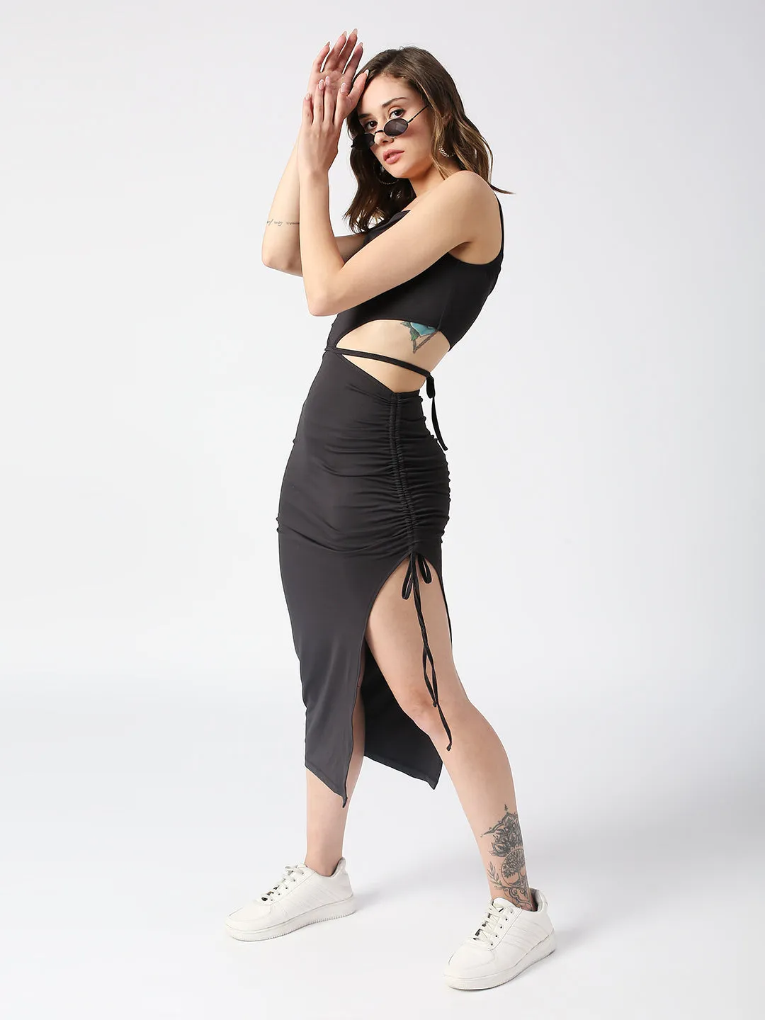 Disrupt Spaghetti neck strappy slim fit black cut-out midi dress with tie-ups