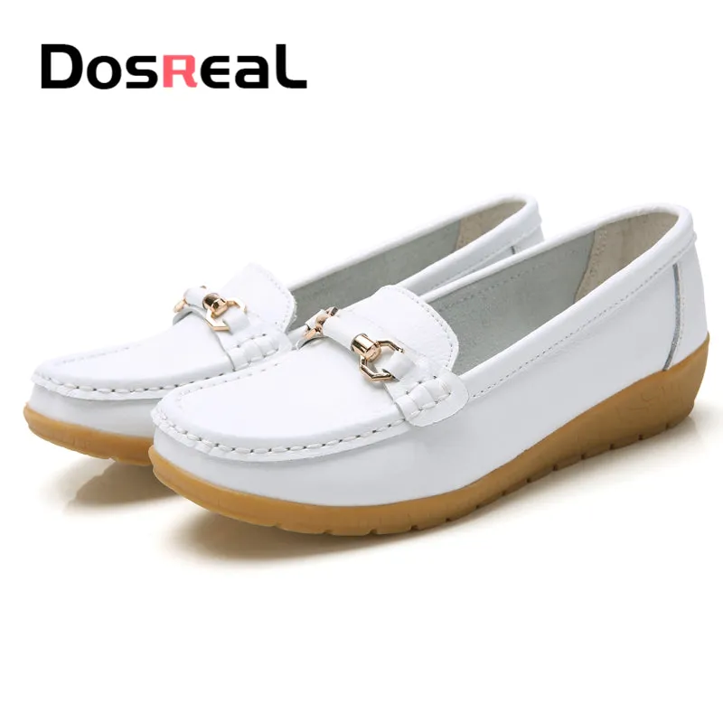 Dosreal Women Cow Leather Loafers Shoes Ladies Metal Buckle Flats Shoes Spring Comfortable Slip-On F