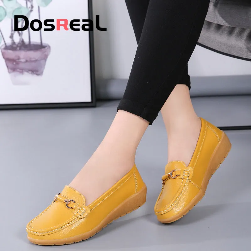 Dosreal Women Cow Leather Loafers Shoes Ladies Metal Buckle Flats Shoes Spring Comfortable Slip-On F