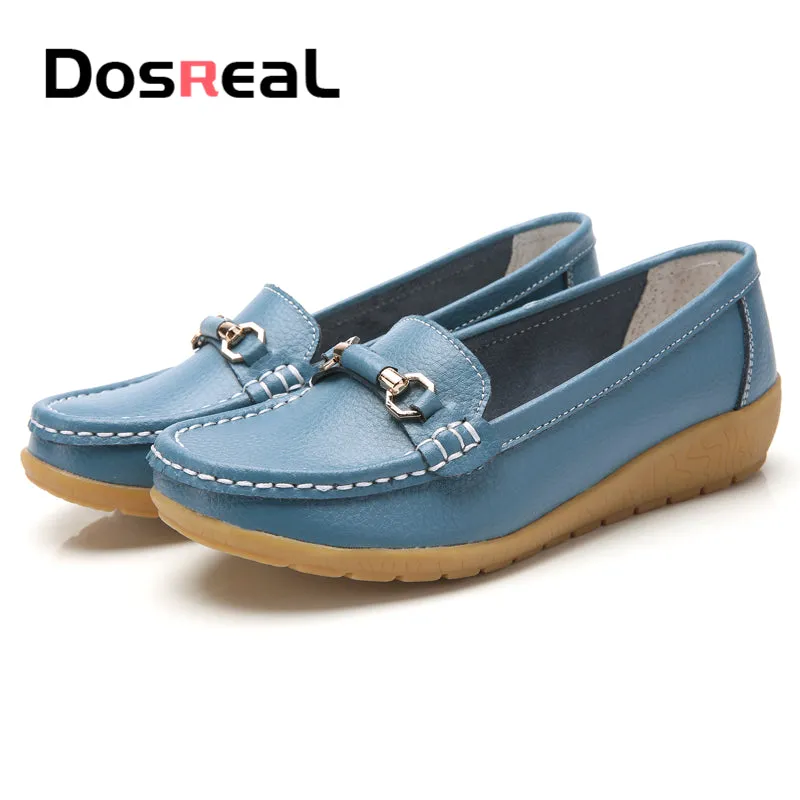 Dosreal Women Cow Leather Loafers Shoes Ladies Metal Buckle Flats Shoes Spring Comfortable Slip-On F