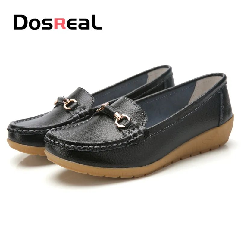 Dosreal Women Cow Leather Loafers Shoes Ladies Metal Buckle Flats Shoes Spring Comfortable Slip-On F