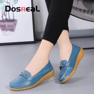 Dosreal Women Cow Leather Loafers Shoes Ladies Metal Buckle Flats Shoes Spring Comfortable Slip-On F