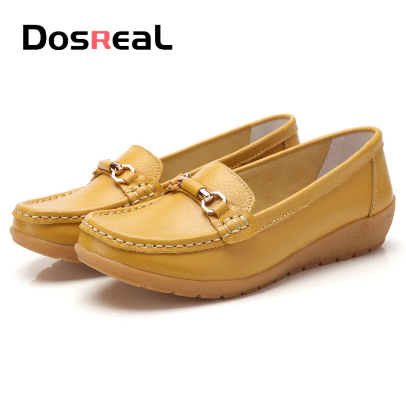 Dosreal Women Cow Leather Loafers Shoes Ladies Metal Buckle Flats Shoes Spring Comfortable Slip-On F