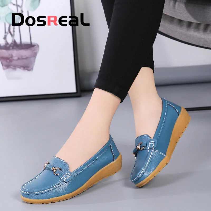Dosreal Women Cow Leather Loafers Shoes Ladies Metal Buckle Flats Shoes Spring Comfortable Slip-On F