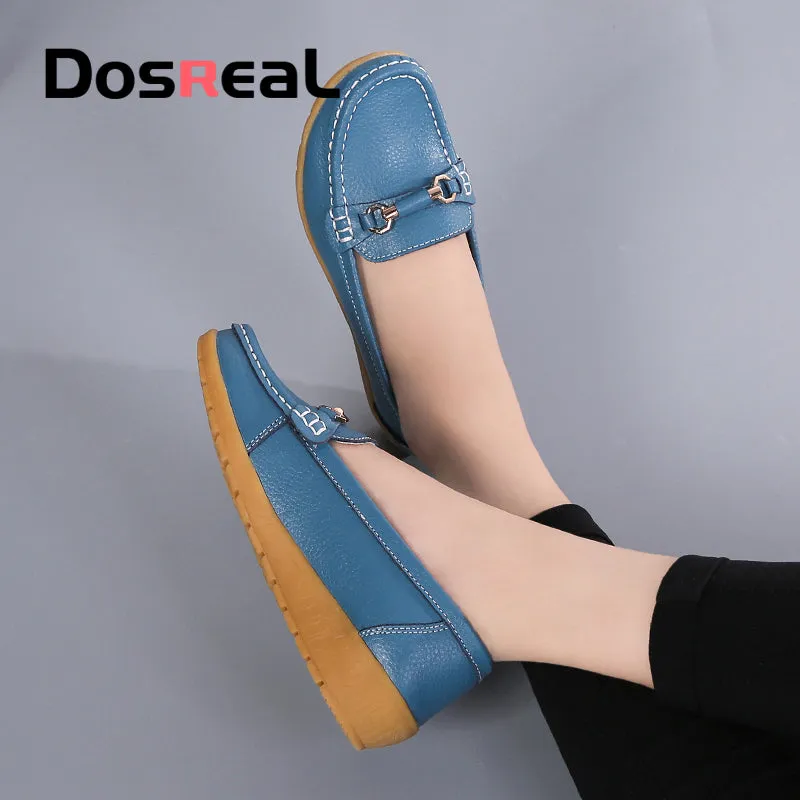 Dosreal Women Cow Leather Loafers Shoes Ladies Metal Buckle Flats Shoes Spring Comfortable Slip-On F