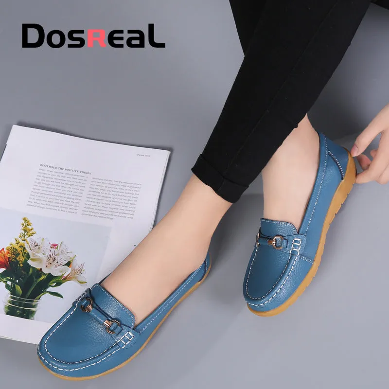 Dosreal Women Cow Leather Loafers Shoes Ladies Metal Buckle Flats Shoes Spring Comfortable Slip-On F
