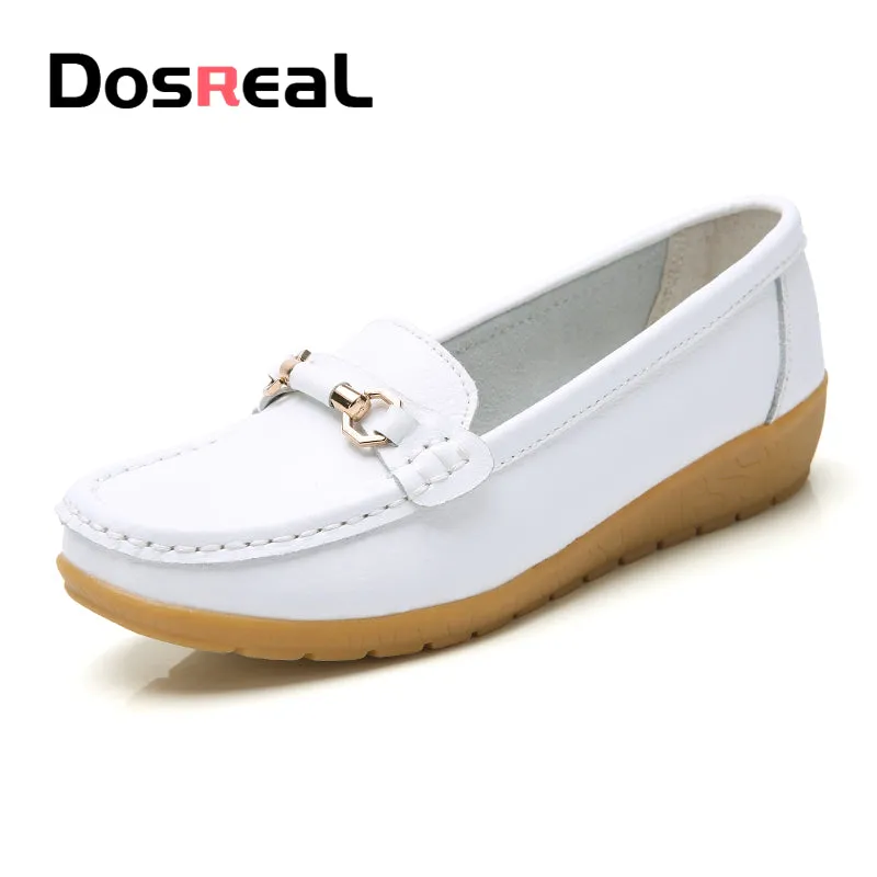 Dosreal Women Cow Leather Loafers Shoes Ladies Metal Buckle Flats Shoes Spring Comfortable Slip-On F