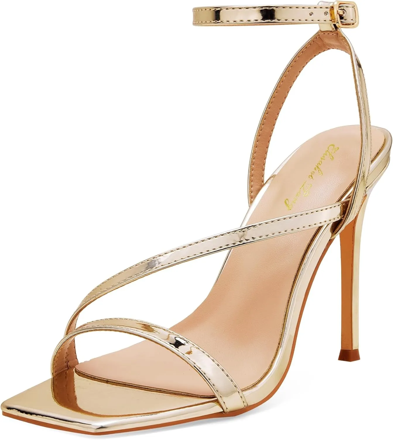 Elisabet Tang Womens Crystal Stilettos Heeled Sandals, 4 Inch Square Open Toe Strappy Sexy High Heels Ankle Strap Buckle Heels for Party Wedding Dress Daily Wear Shoes