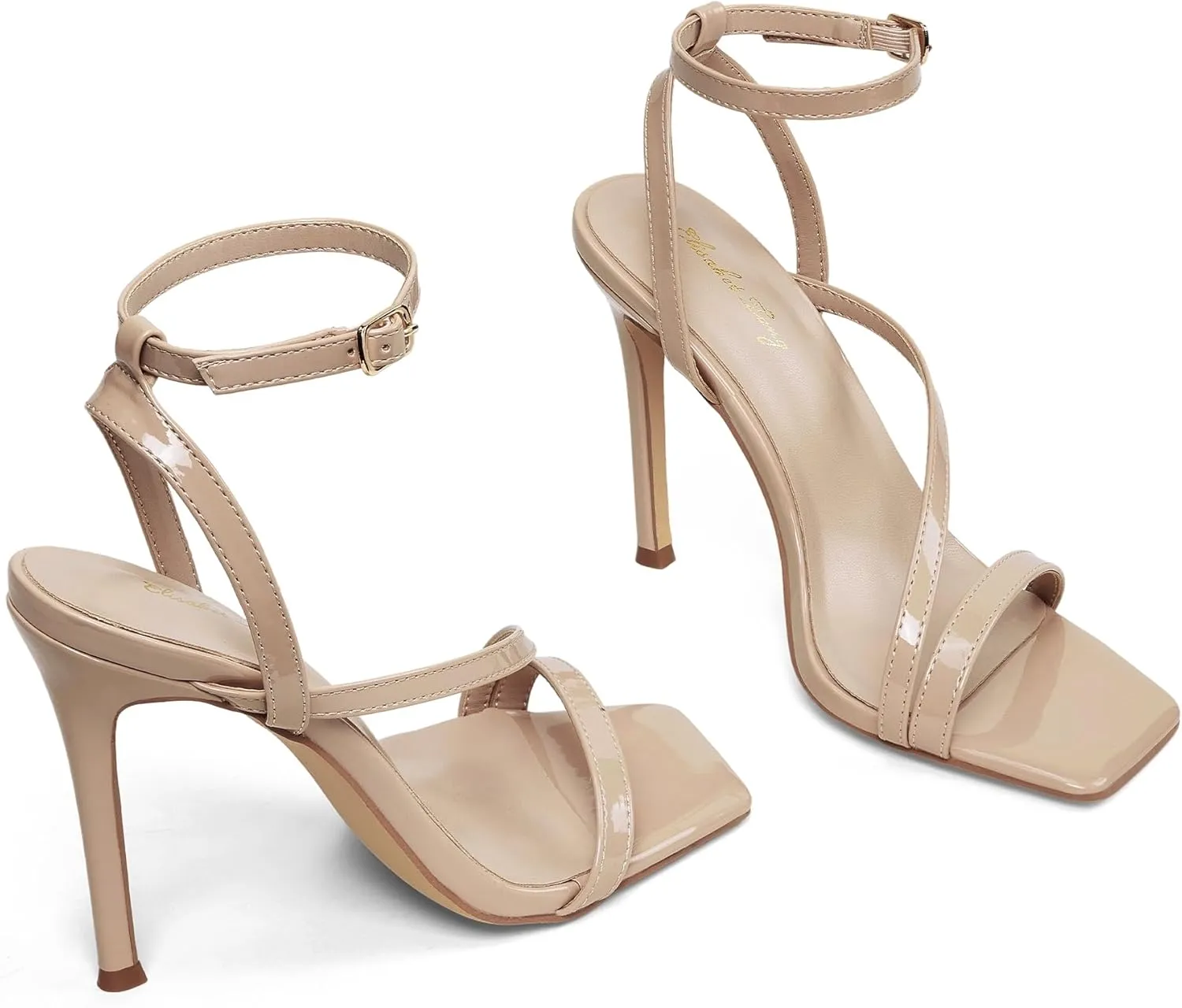 Elisabet Tang Womens Crystal Stilettos Heeled Sandals, 4 Inch Square Open Toe Strappy Sexy High Heels Ankle Strap Buckle Heels for Party Wedding Dress Daily Wear Shoes