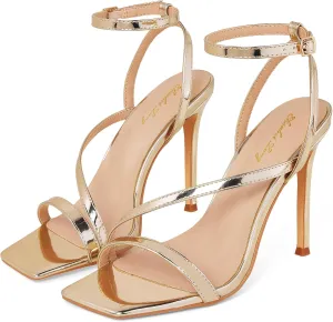 Elisabet Tang Womens Crystal Stilettos Heeled Sandals, 4 Inch Square Open Toe Strappy Sexy High Heels Ankle Strap Buckle Heels for Party Wedding Dress Daily Wear Shoes