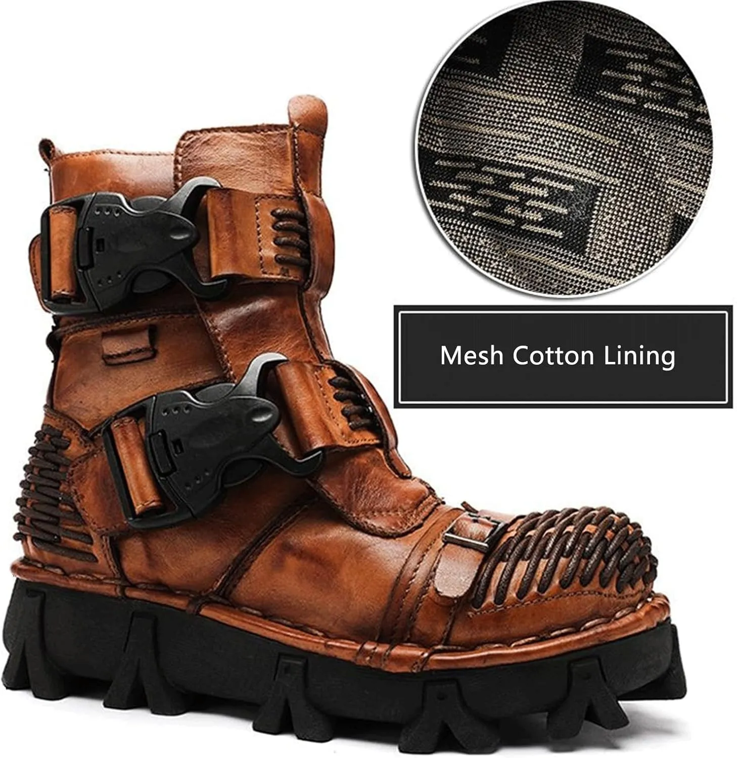 Fashion Men Leather Motorcycle Boots, Winter Street Riding Punk Ankle Boots, Buckle Mid-Calf Work Shoes