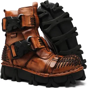 Fashion Men Leather Motorcycle Boots, Winter Street Riding Punk Ankle Boots, Buckle Mid-Calf Work Shoes
