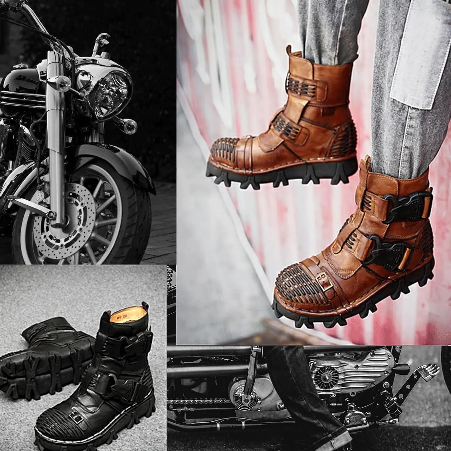 Fashion Men Leather Motorcycle Boots, Winter Street Riding Punk Ankle Boots, Buckle Mid-Calf Work Shoes