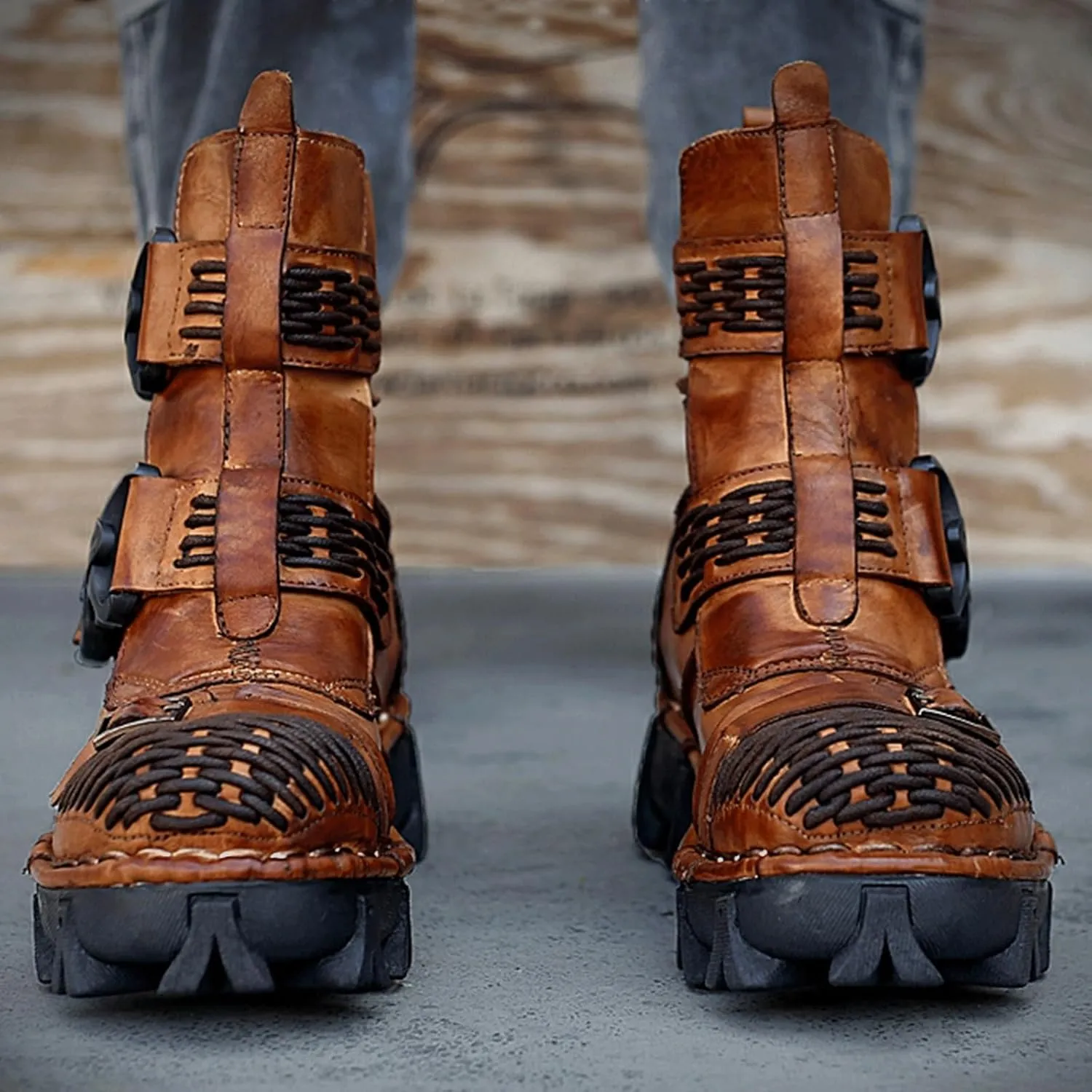 Fashion Men Leather Motorcycle Boots, Winter Street Riding Punk Ankle Boots, Buckle Mid-Calf Work Shoes