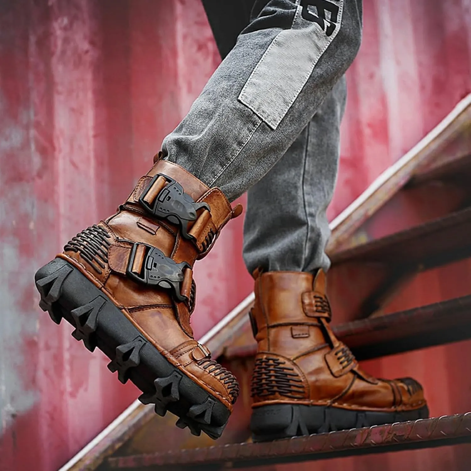 Fashion Men Leather Motorcycle Boots, Winter Street Riding Punk Ankle Boots, Buckle Mid-Calf Work Shoes