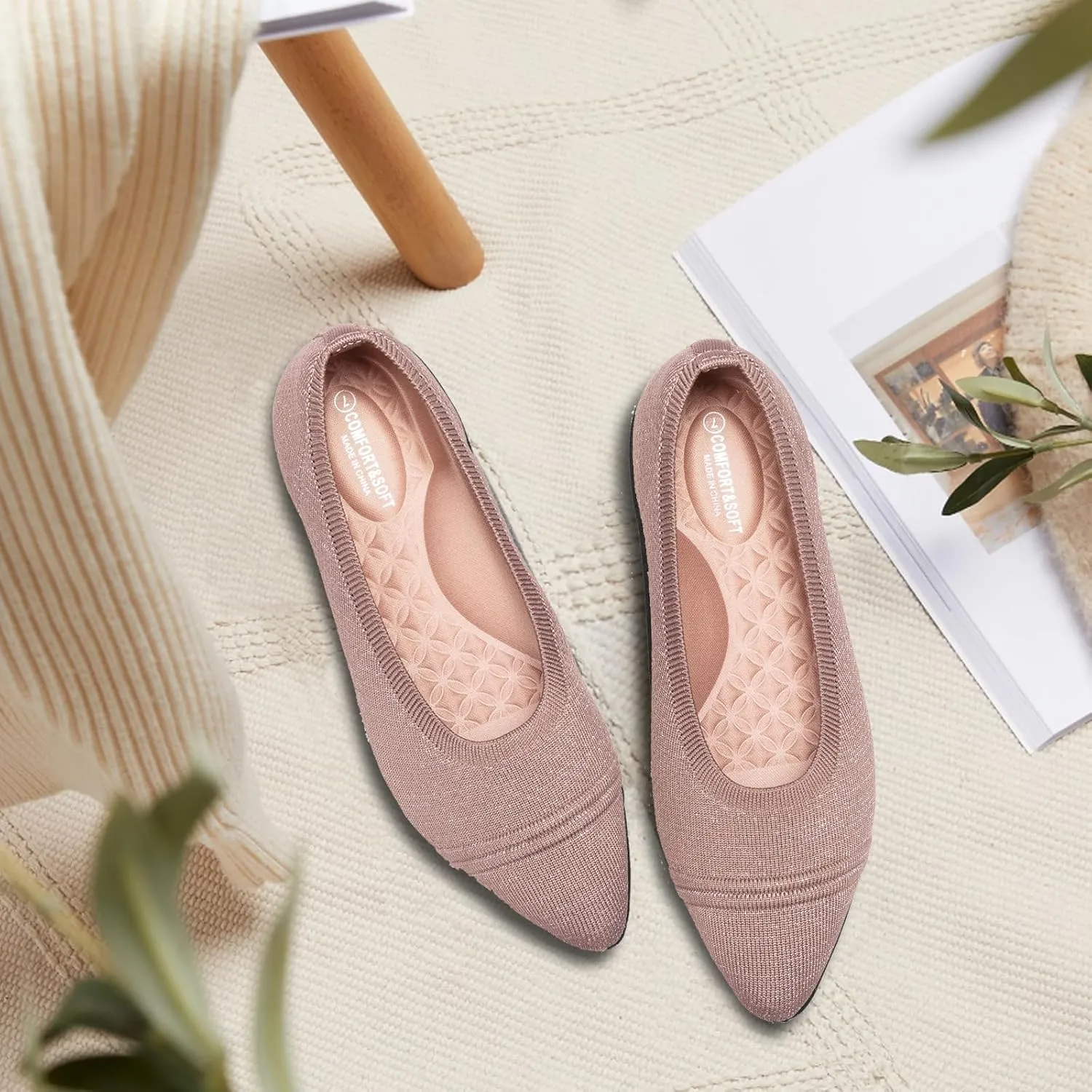 Frank Mully Women's Pointed Toe Flats Slip On Flat Knit Ballet Flats Shoes Women Dressy Comfortable Work Flats Office Shoes