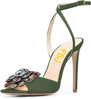 FSJ Women Floral Open Toe Stylish Stiletto High Heel Sandals Cross Ankle Strap Pumps Multicolor Butterfly Rhinestones Slingback Buckle Wedding Prom Shoes