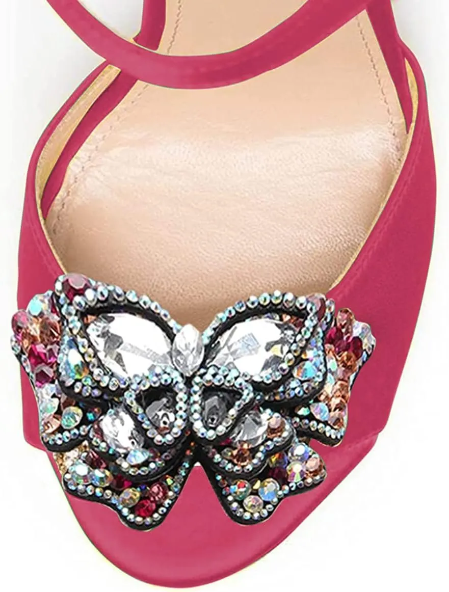 FSJ Women Floral Open Toe Stylish Stiletto High Heel Sandals Cross Ankle Strap Pumps Multicolor Butterfly Rhinestones Slingback Buckle Wedding Prom Shoes