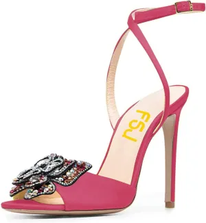 FSJ Women Floral Open Toe Stylish Stiletto High Heel Sandals Cross Ankle Strap Pumps Multicolor Butterfly Rhinestones Slingback Buckle Wedding Prom Shoes