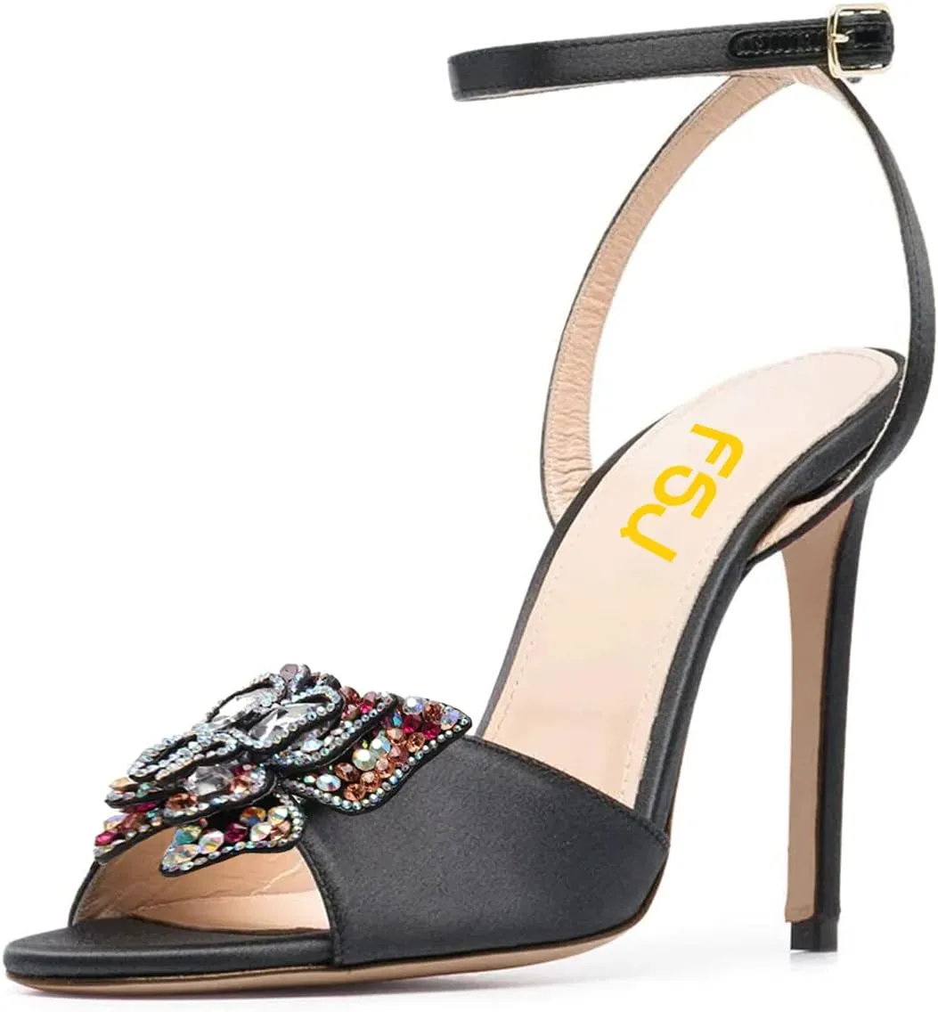 FSJ Women Floral Open Toe Stylish Stiletto High Heel Sandals Cross Ankle Strap Pumps Multicolor Butterfly Rhinestones Slingback Buckle Wedding Prom Shoes