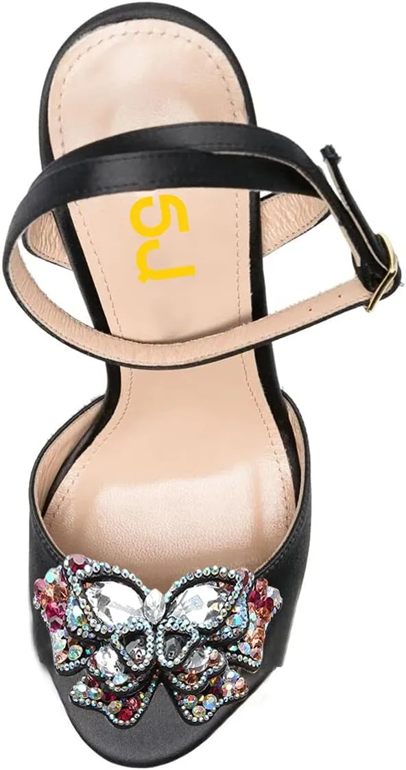 FSJ Women Floral Open Toe Stylish Stiletto High Heel Sandals Cross Ankle Strap Pumps Multicolor Butterfly Rhinestones Slingback Buckle Wedding Prom Shoes