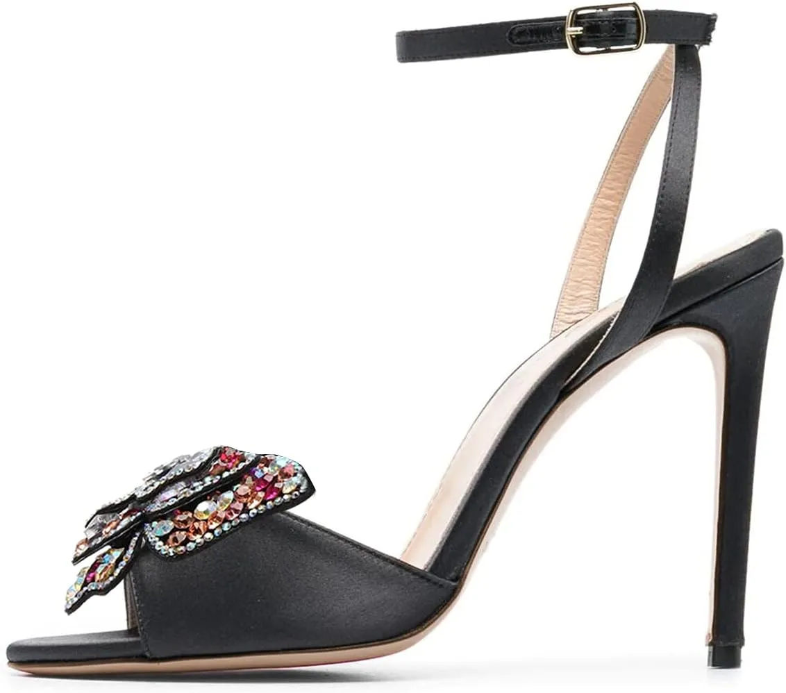 FSJ Women Floral Open Toe Stylish Stiletto High Heel Sandals Cross Ankle Strap Pumps Multicolor Butterfly Rhinestones Slingback Buckle Wedding Prom Shoes