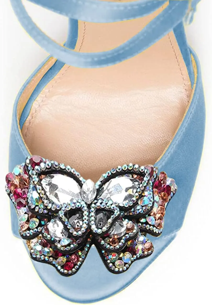 FSJ Women Floral Open Toe Stylish Stiletto High Heel Sandals Cross Ankle Strap Pumps Multicolor Butterfly Rhinestones Slingback Buckle Wedding Prom Shoes
