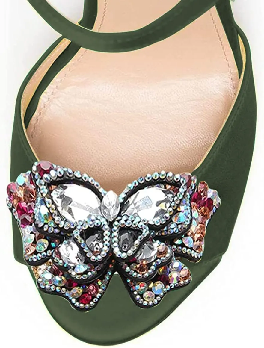 FSJ Women Floral Open Toe Stylish Stiletto High Heel Sandals Cross Ankle Strap Pumps Multicolor Butterfly Rhinestones Slingback Buckle Wedding Prom Shoes