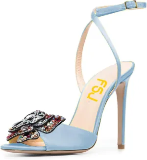 FSJ Women Floral Open Toe Stylish Stiletto High Heel Sandals Cross Ankle Strap Pumps Multicolor Butterfly Rhinestones Slingback Buckle Wedding Prom Shoes