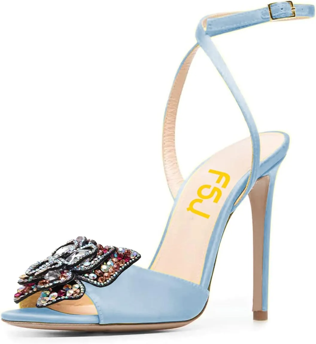 FSJ Women Floral Open Toe Stylish Stiletto High Heel Sandals Cross Ankle Strap Pumps Multicolor Butterfly Rhinestones Slingback Buckle Wedding Prom Shoes