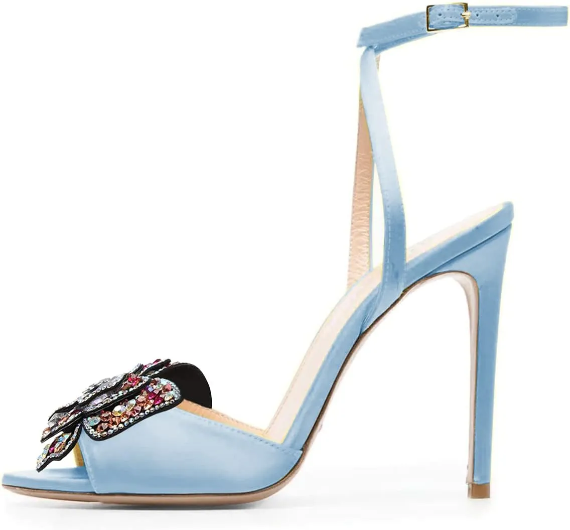 FSJ Women Floral Open Toe Stylish Stiletto High Heel Sandals Cross Ankle Strap Pumps Multicolor Butterfly Rhinestones Slingback Buckle Wedding Prom Shoes
