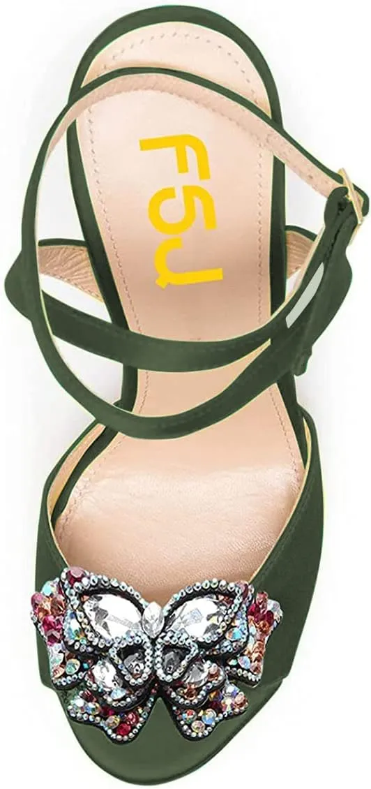 FSJ Women Floral Open Toe Stylish Stiletto High Heel Sandals Cross Ankle Strap Pumps Multicolor Butterfly Rhinestones Slingback Buckle Wedding Prom Shoes
