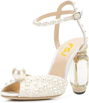 FSJ Women Open Toe Stylish Sandal Ankle Strap Chunky Block High Thick Heels Wedding Party Ballroom Prom Shoes US Size 4-15 US