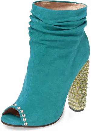 FSJ Women Stylish Peep Toe Slouch Ankle Boots Chunky Stacked Heels Crystal Studded Heel Party Evening Dress Shoes Size 4-15 US