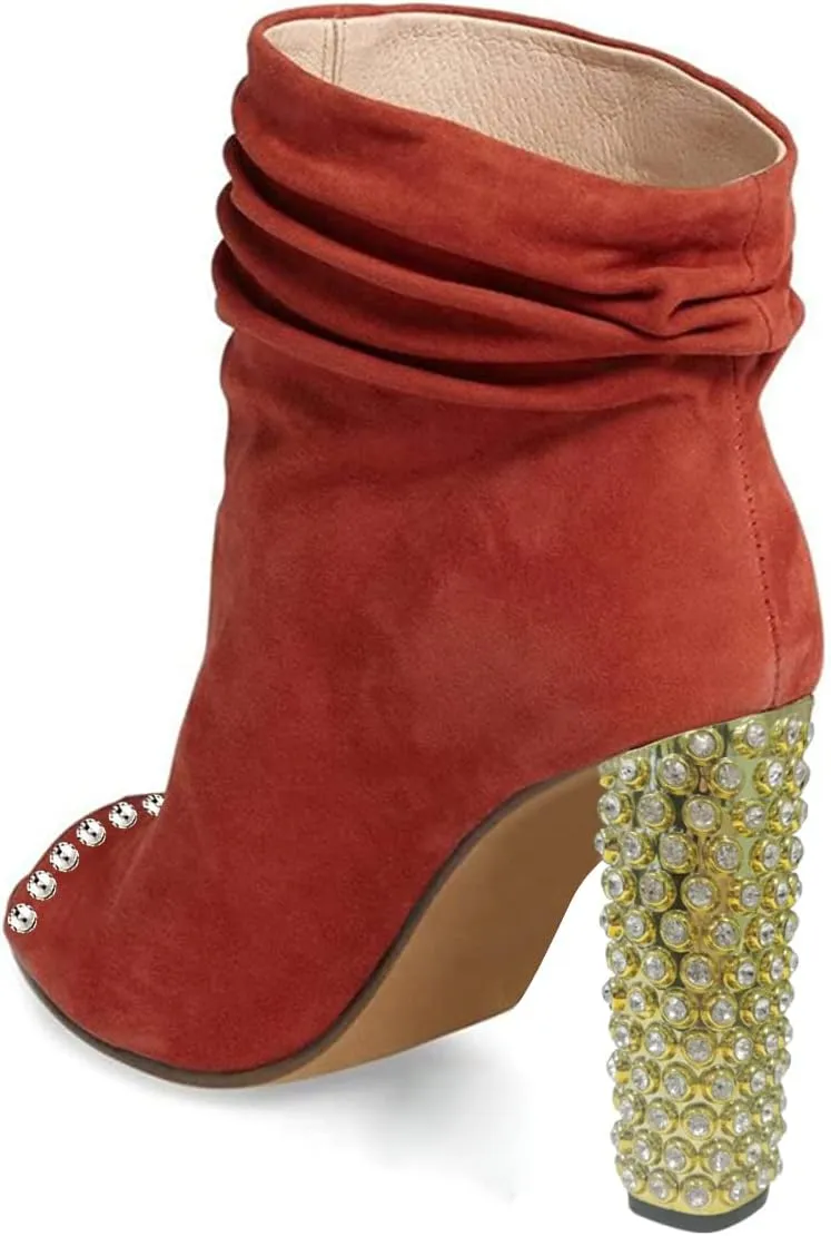 FSJ Women Stylish Peep Toe Slouch Ankle Boots Chunky Stacked Heels Crystal Studded Heel Party Evening Dress Shoes Size 4-15 US