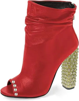 FSJ Women Stylish Peep Toe Slouch Ankle Boots Chunky Stacked Heels Crystal Studded Heel Party Evening Dress Shoes Size 4-15 US