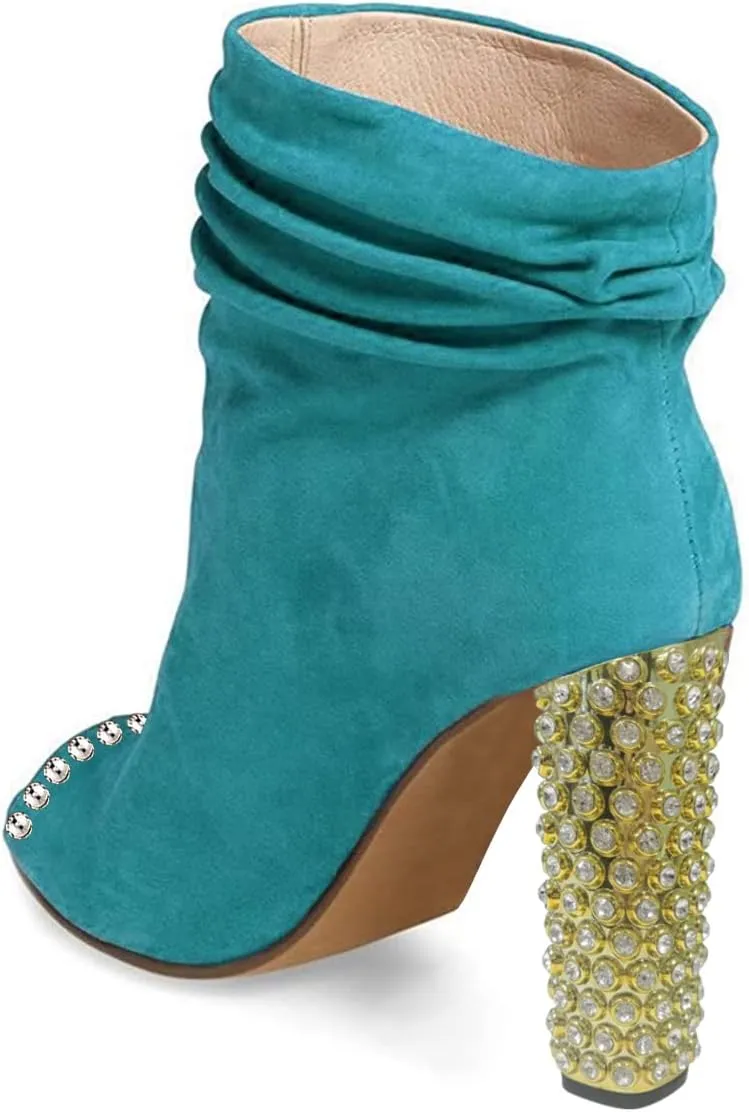 FSJ Women Stylish Peep Toe Slouch Ankle Boots Chunky Stacked Heels Crystal Studded Heel Party Evening Dress Shoes Size 4-15 US
