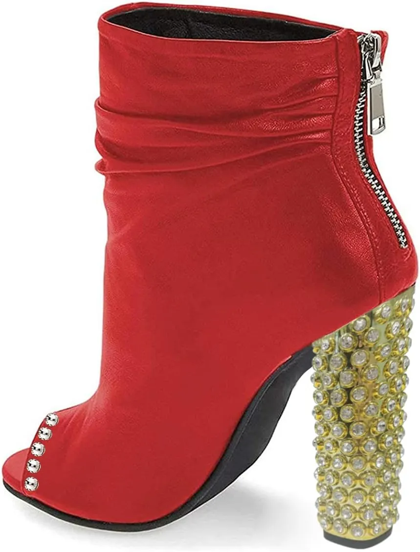 FSJ Women Stylish Peep Toe Slouch Ankle Boots Chunky Stacked Heels Crystal Studded Heel Party Evening Dress Shoes Size 4-15 US