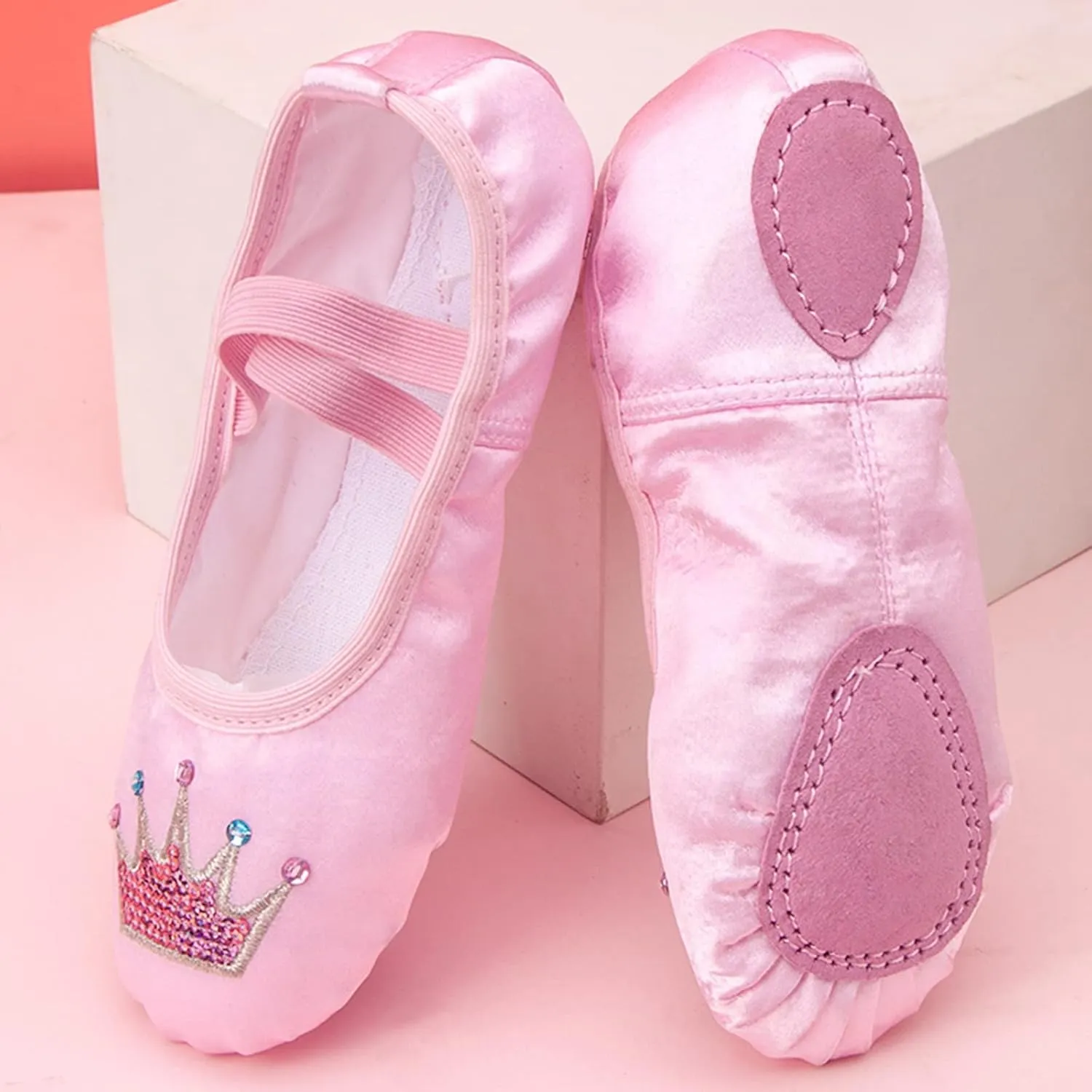 Girls Ballet Shoes Glitter Split-Sole Dance Slippers Soft Lightweight with Elastic Laces for Performance Gymnastics