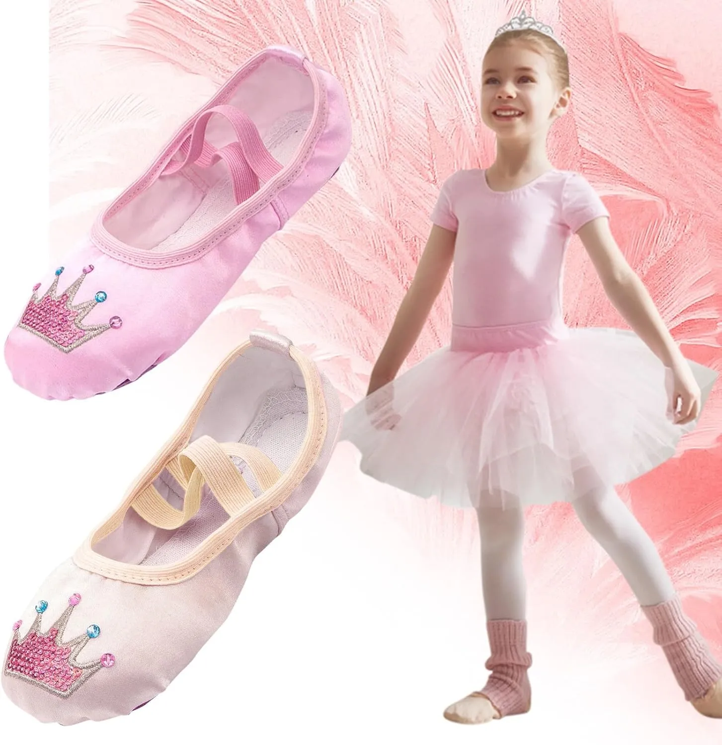 Girls Ballet Shoes Glitter Split-Sole Dance Slippers Soft Lightweight with Elastic Laces for Performance Gymnastics