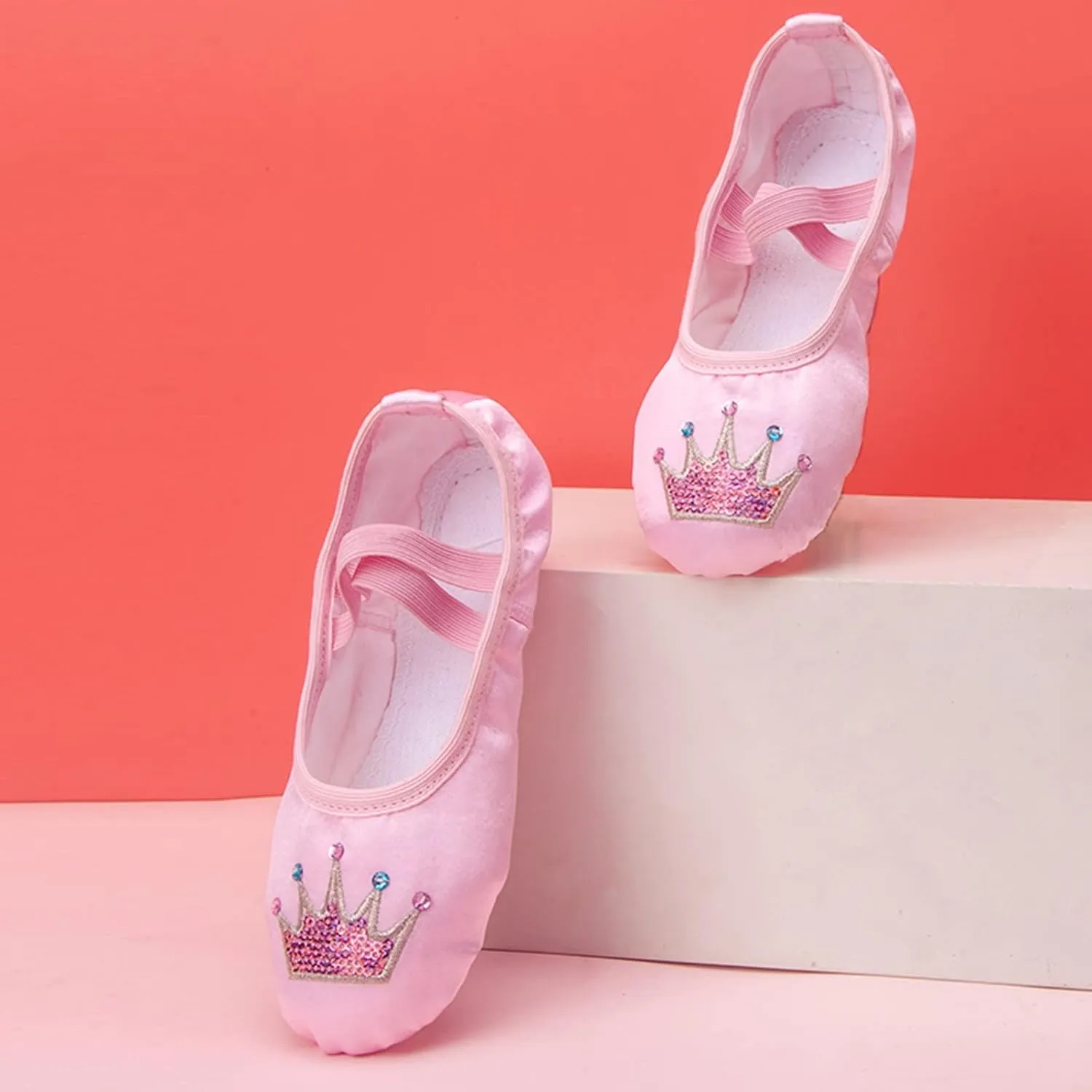 Girls Ballet Shoes Glitter Split-Sole Dance Slippers Soft Lightweight with Elastic Laces for Performance Gymnastics